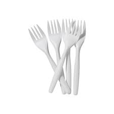 Set of white plastic forks on a white background